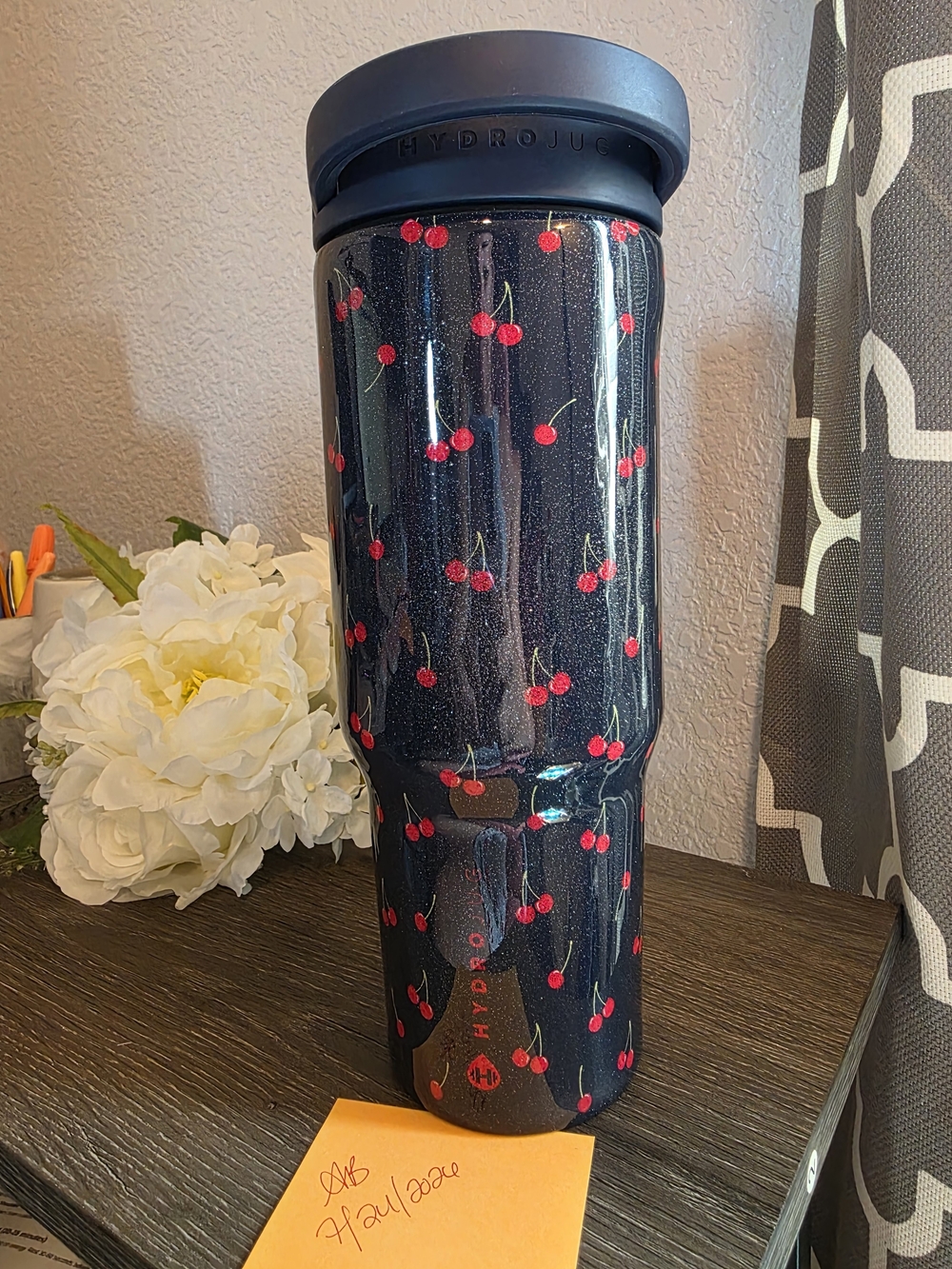 HydroJug Cherry Print Glitter Tumbler - Black with Red Cherries